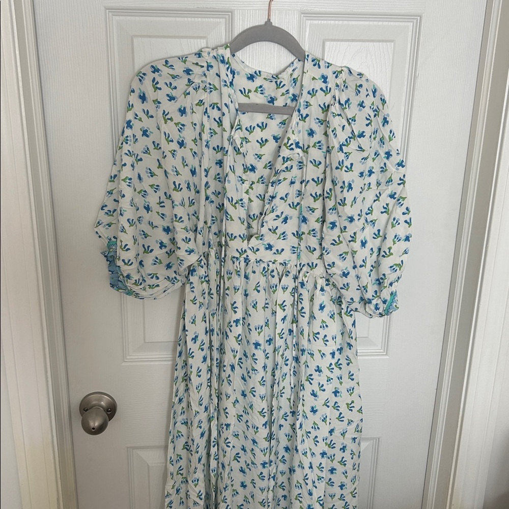 Blue Green Floral Puff Sleeve Dress